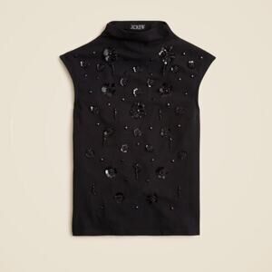 J. Crew Floral Embellishment Stretch Cotton-Blend Mockneck CF300 Black Sz XS NWT